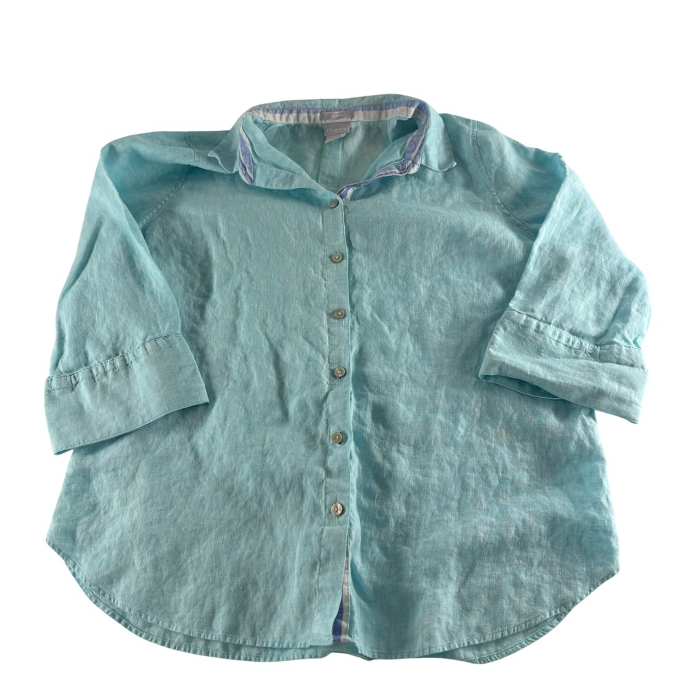 Chicos‎ No Iron Linen Button Down Shirt Aqua Blue 3/4 Sleeve Size 1 US 8